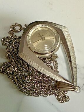 Vintage Sheffield Swiss Pendant Watch Silver Tone Teardrop Necklace 1960s MCM